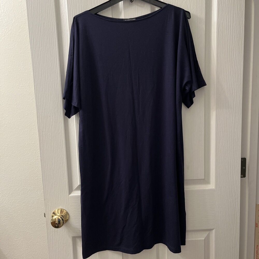 EILEEN FISHER Dress‎ Medium Navy Blue Split Cold Shoulder Short Sleeve Boat Neck
